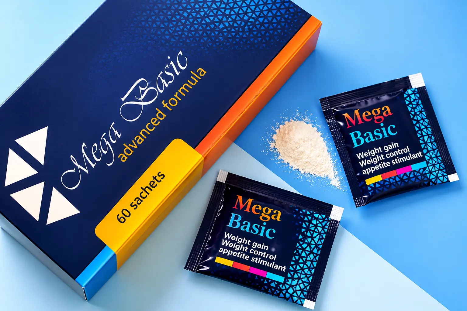Mega Basic Supplement Sachets on Blue